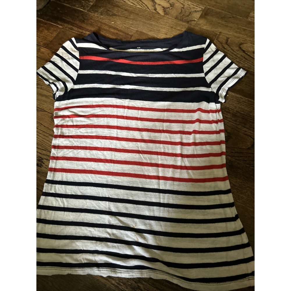 Talbots T Shirt‎ Top Women's Rayon/linen Navy Blue White Red Stripe Short Sleeve